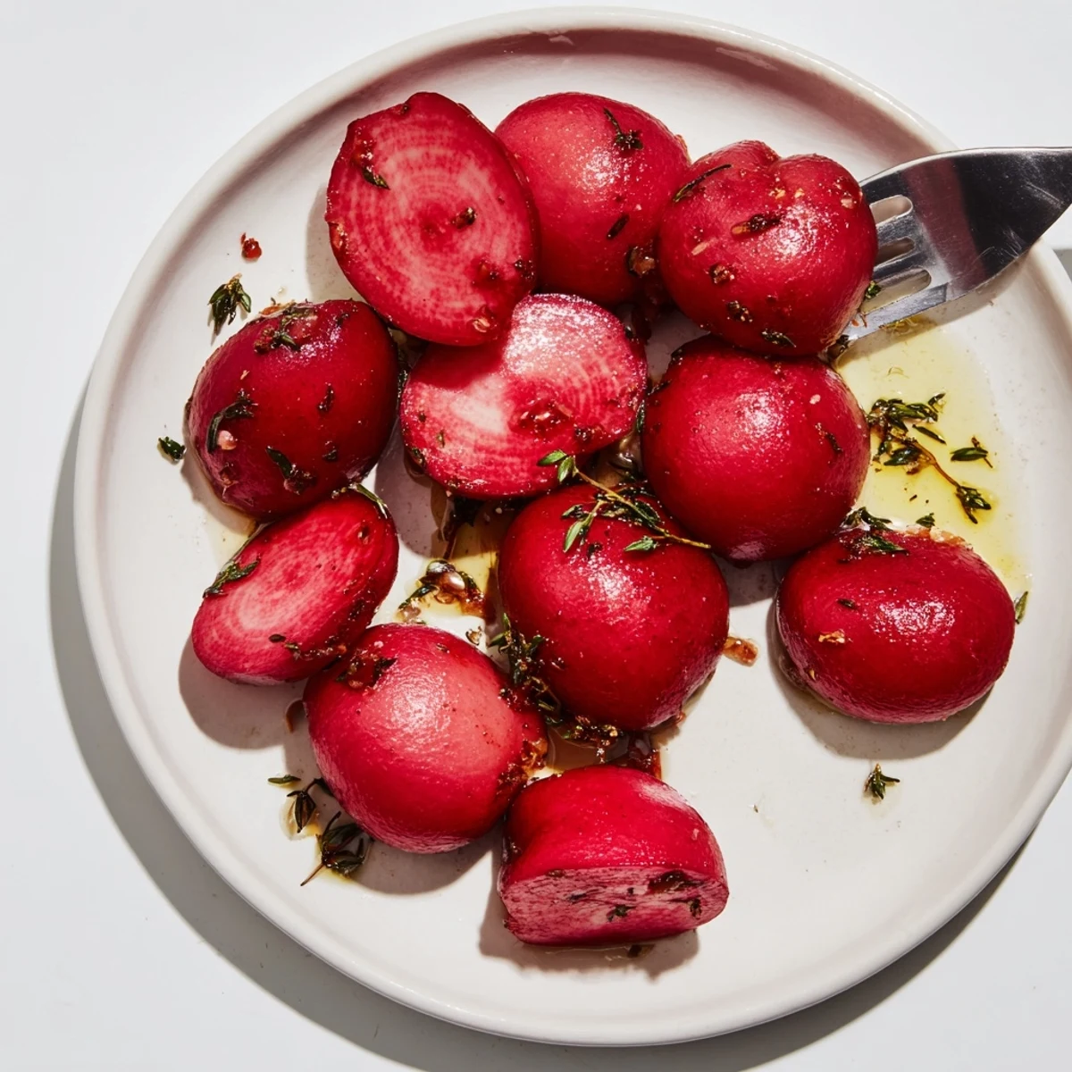 Savory roasted radishes with garlic and thyme, perfectly tender and served warm as a healthy side.