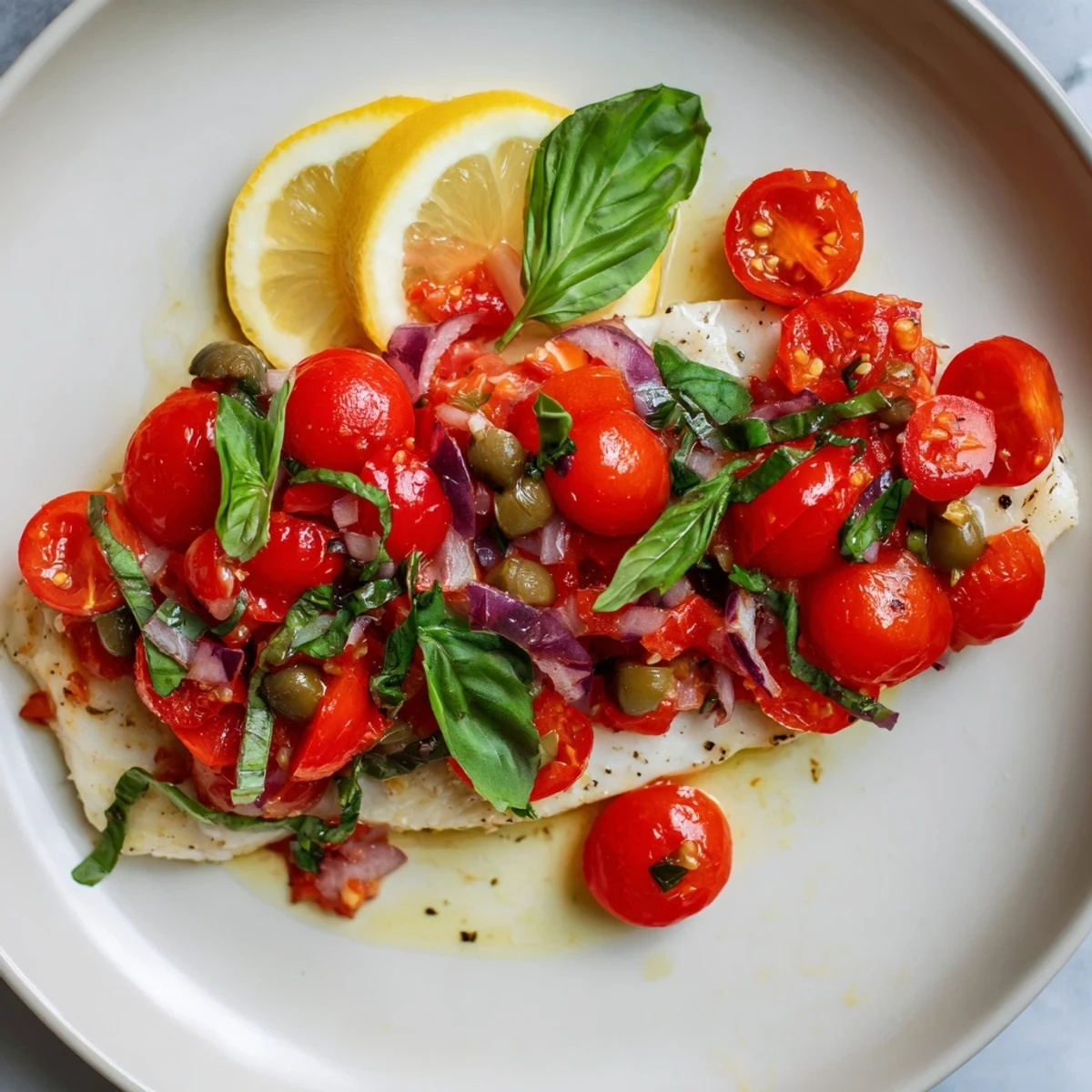 Golden baked halibut fillets topped with a vibrant tomato and basil relish, served on a white plate.