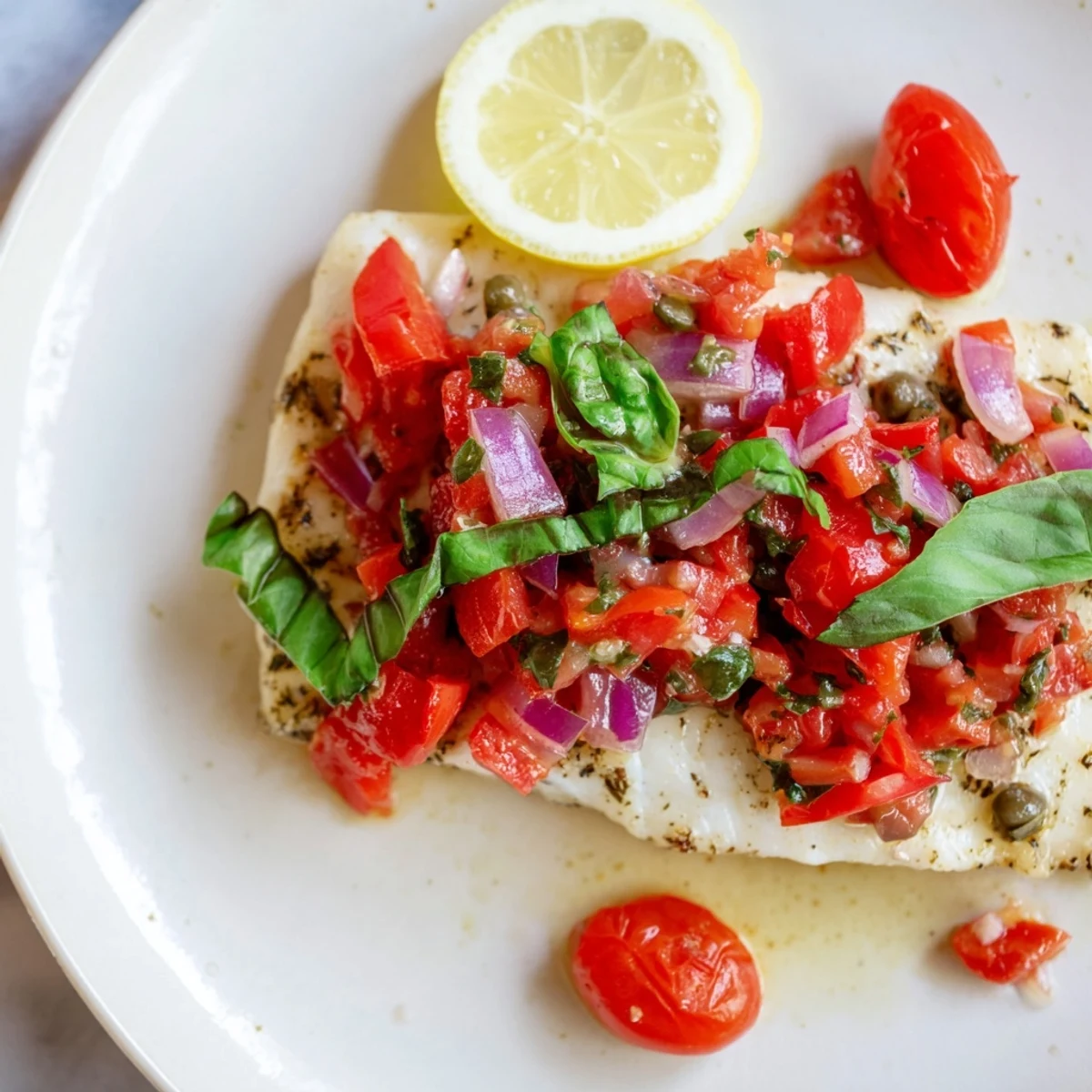 Flaky Baked Halibut with Tomato and Basil Relish garnished with capers, red onion, and fresh basil leaves.