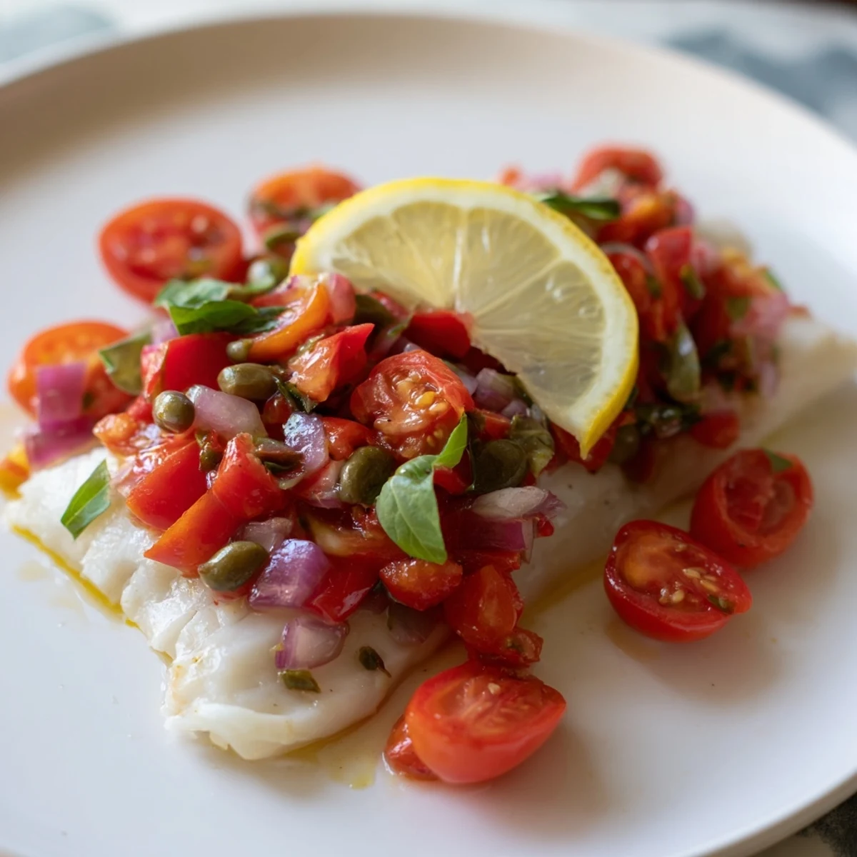 Tender Baked Halibut with Tomato and Basil Relish fresh from the oven with lemon slices and herbs.