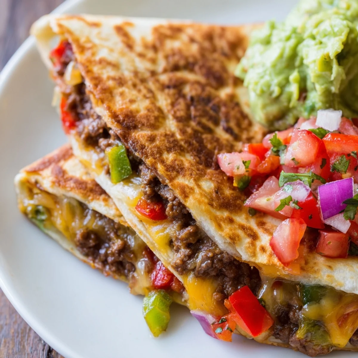 Overhead view of crispy flour tortillas filled with seasoned beef, melted cheese, topped with chunky salsa and creamy guacamole. 