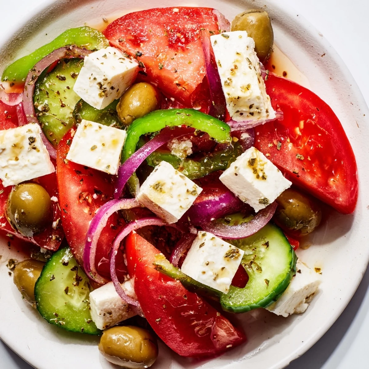 Fresh Greek Salad with Kalamata Olives and Feta on a white plate, featuring red tomatoes, cucumber, and green bell pepper rings.