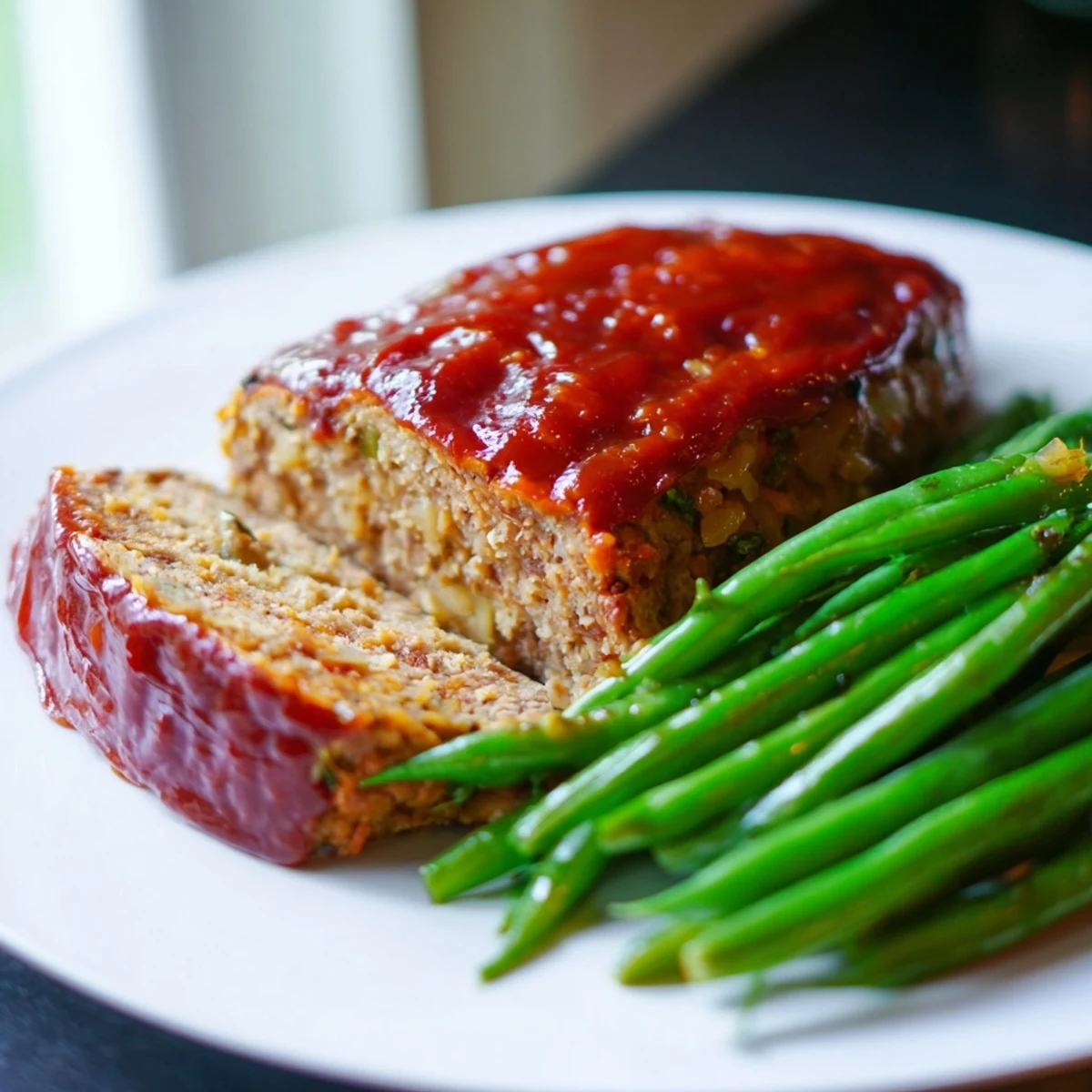 Juicy Turkey Meatloaf with Glaze and Green Beans rests on a white plate, the glossy glaze shimmering beside crisp-tender beans.