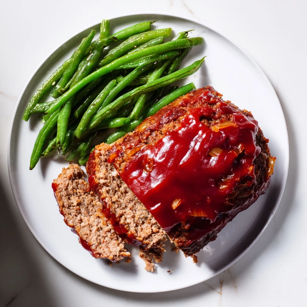 A slice of Turkey Meatloaf with Glaze and Green Beans shows moist interior and caramelized topping, alongside sautéed garlic green beans.