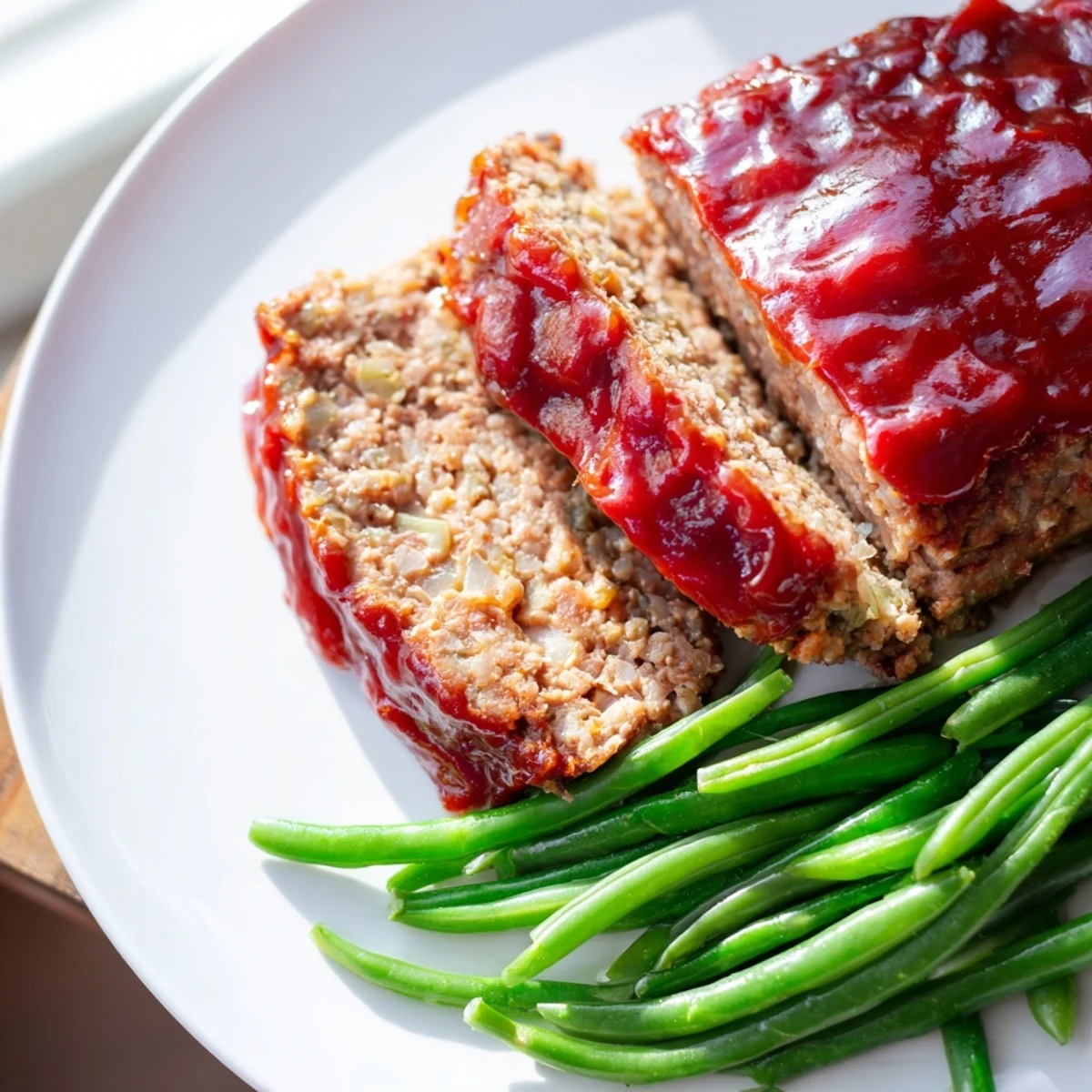 Turkey Meatloaf with Glaze and Green Beans is plated for dinner, with a sweet-tangy glaze and vibrant, crisp green beans.