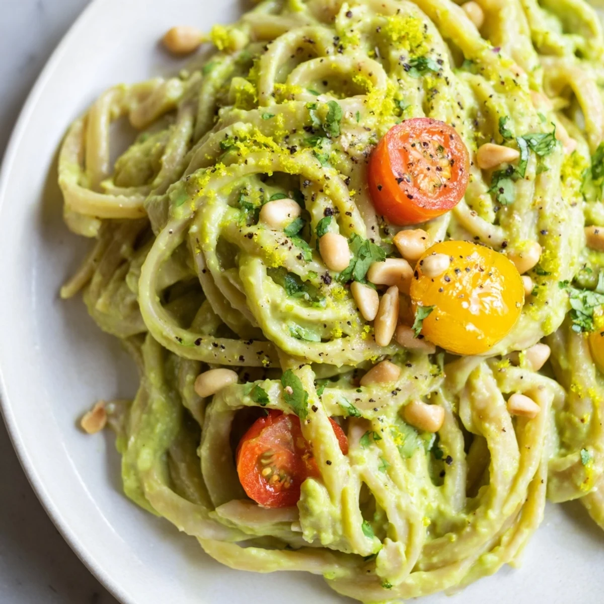 Creamy avocado lime pasta twirled on a fork showing silky green sauce and bright red cherry tomato halves.