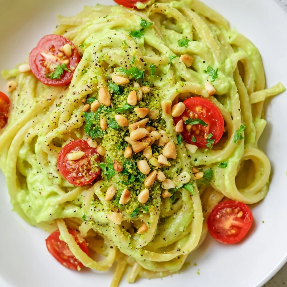 A vibrant bowl of creamy avocado lime pasta garnished with lime zest and pine nuts for added crunch.