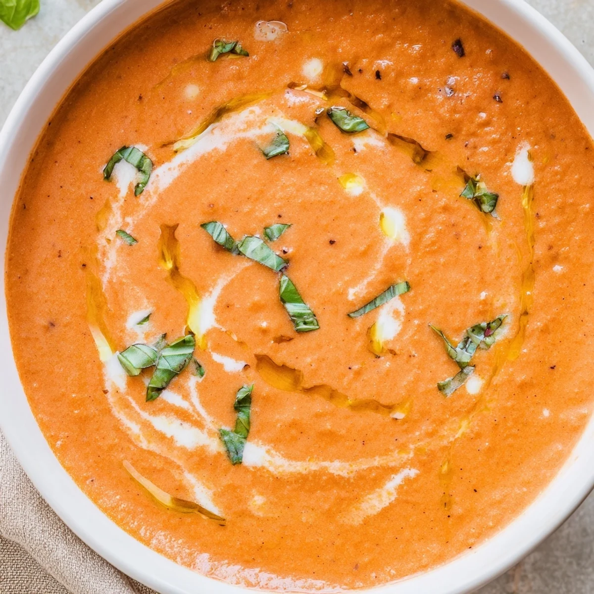 Freshly pureed Creamy Tomato Basil Bisque is garnished with vibrant basil leaves and a swirl of cream in a rustic bowl.