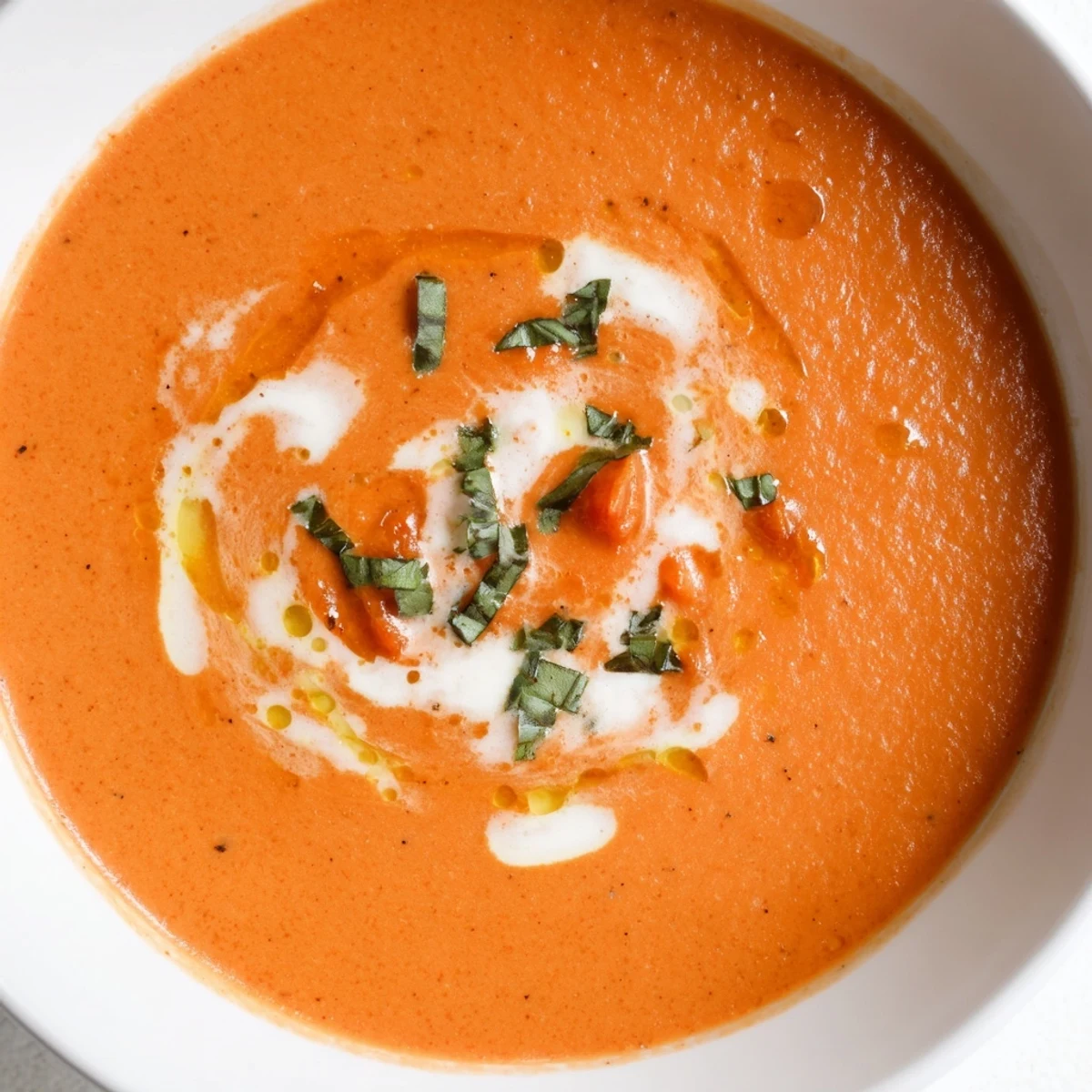 Warm bowl of Creamy Tomato Basil Bisque next to a grilled cheese sandwich for a comforting lunch pairing.