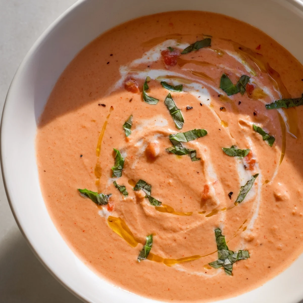 Vivid close-up of Creamy Tomato Basil Bisque with visible silky texture and fresh herbs floating on top.