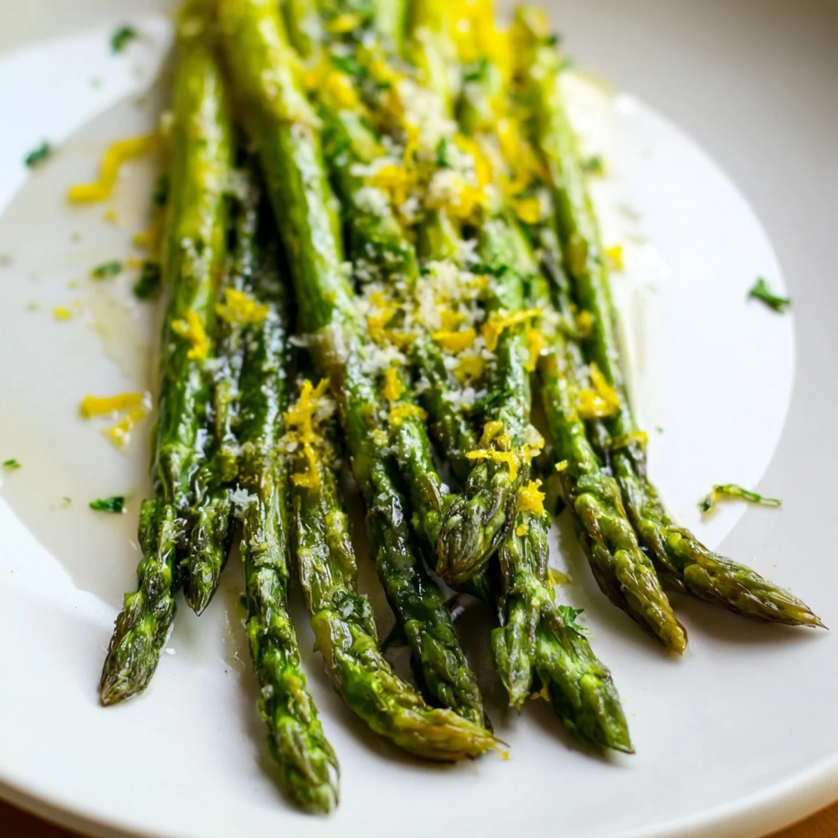 Close-up of Roasted Asparagus with Parmesan and Lemon, featuring crisp-tender spears with cheese and citrus zest for a fresh bite.