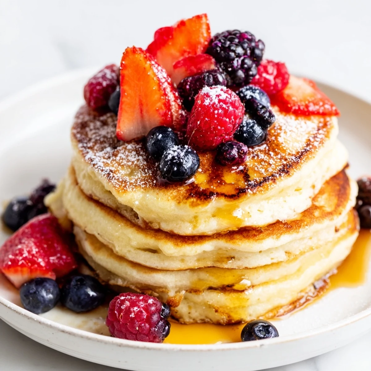 Homemade Lemon Ricotta Pancakes with Berries served warm alongside a glass of fresh orange juice on a sunny breakfast table.