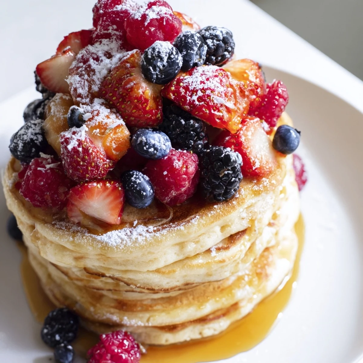 Golden-brown Lemon Ricotta Pancakes with Berries drizzled with maple syrup and dusted with powdered sugar for a sweet finish.