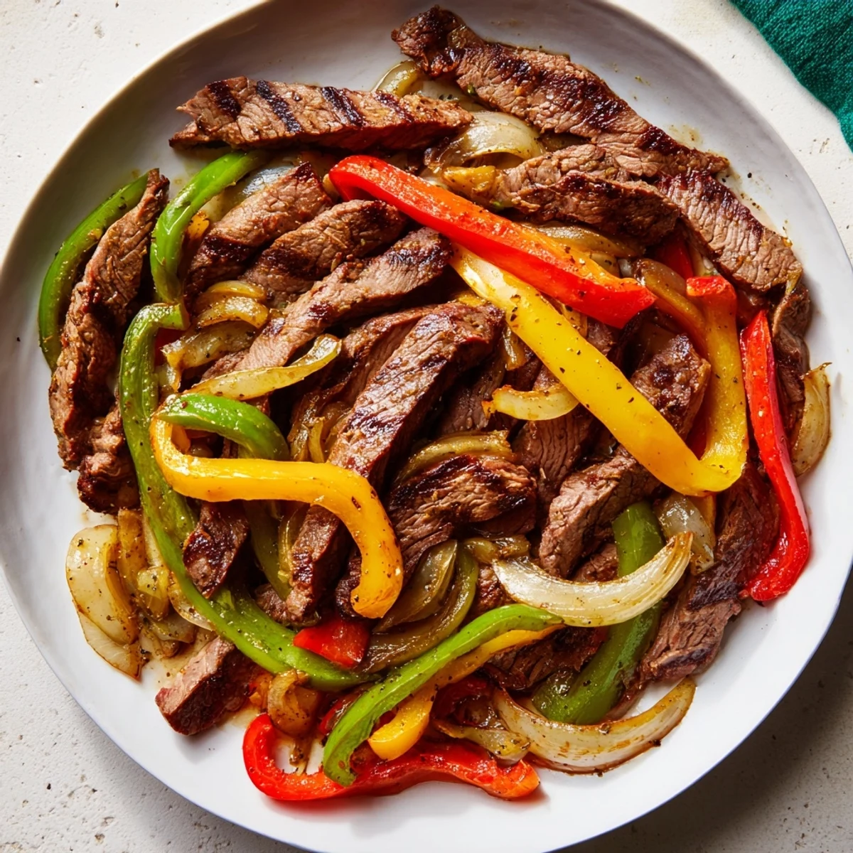 Sizzling beef fajitas with peppers and onions on a warm tortilla, garnished with lime wedges and cilantro.