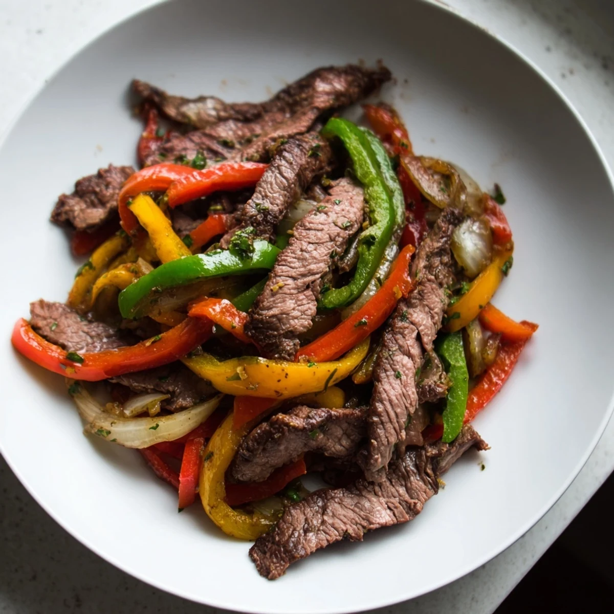 Beef Fajitas with Peppers and Onions served sizzling from a hot skillet, with colorful peppers and onions alongside tortillas.