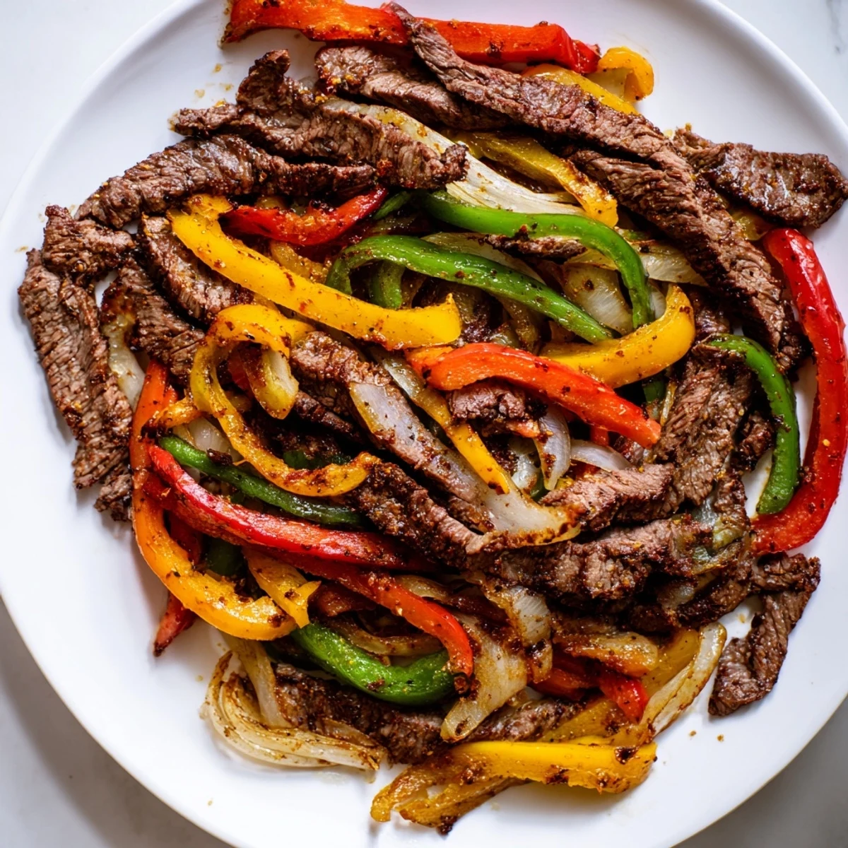 A close-up of Beef Fajitas with Peppers and Onions, tender marinated beef strips mingling with sautéed peppers and onions.