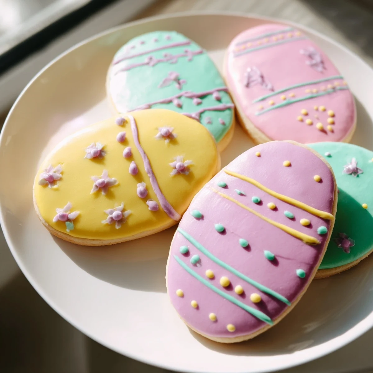Easter Egg Sugar Cookies with pastel royal icing on a rustic spring table, ready for festive snacking.