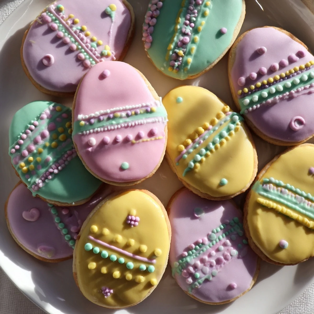 Arranged on a ceramic platter, Easter Egg Sugar Cookies shine with vibrant colors for Easter brunch.