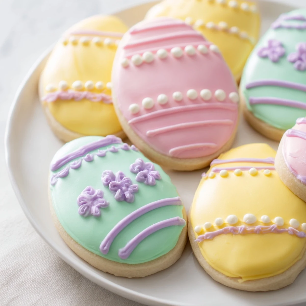 Close-up of Easter Egg Sugar Cookies decorated with swirled icing, capturing their buttery, crisp texture.