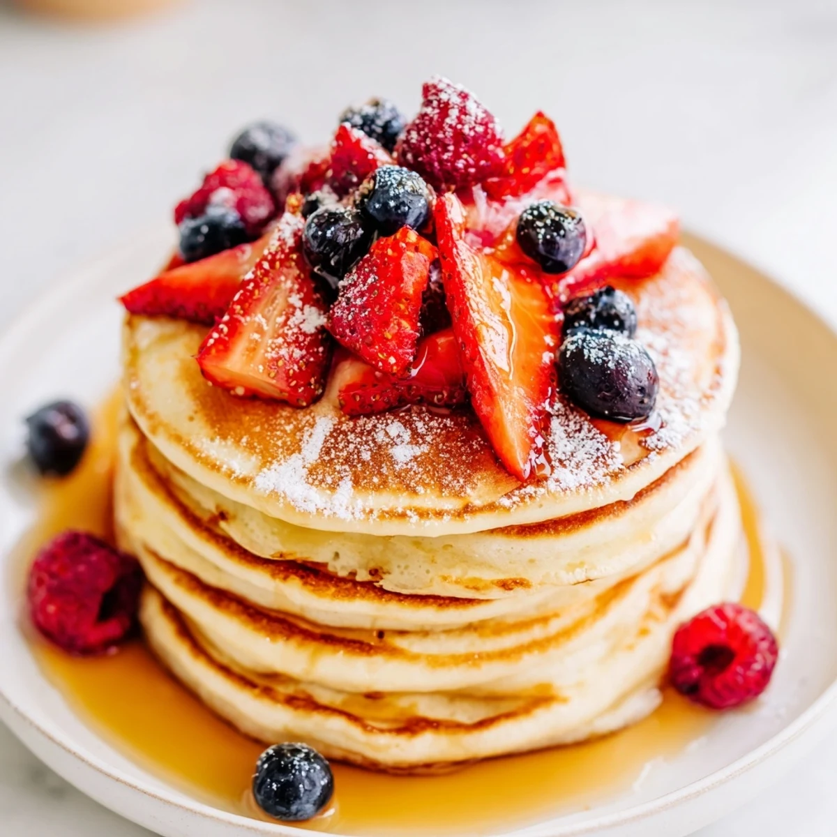 Golden brown Lemon Ricotta Pancakes with Fresh Berries served warm, drizzled with maple syrup and garnished with fresh lemon zest for a bright breakfast.
