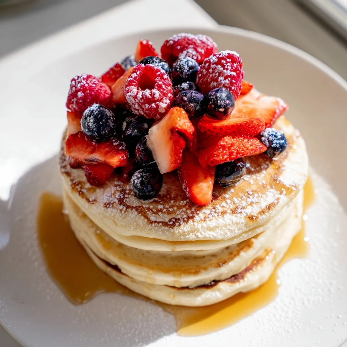 A stack of fluffy Lemon Ricotta Pancakes with Fresh Berries, topped with vibrant mixed berries and a light dusting of powdered sugar on a white plate.