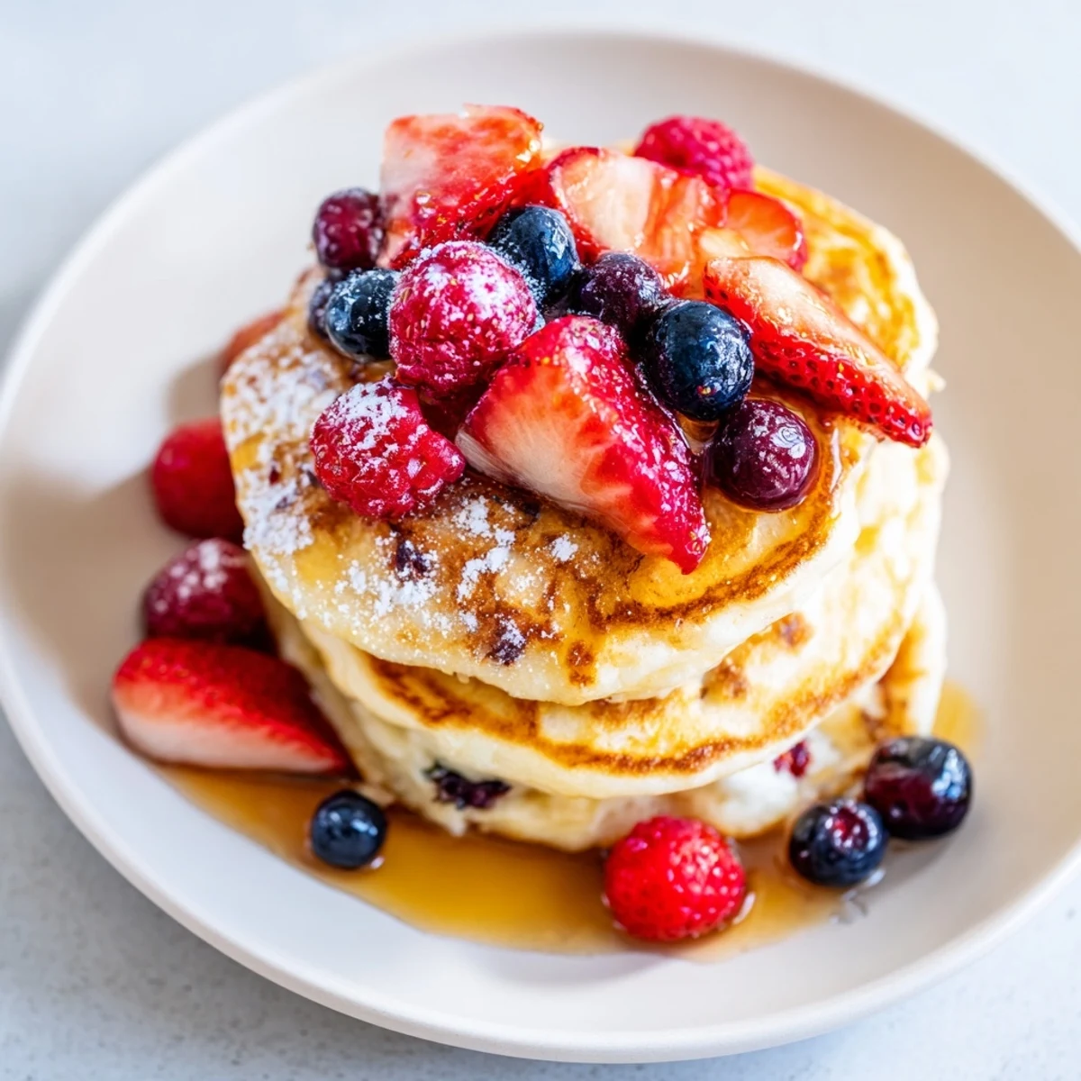 Close-up of Lemon Ricotta Pancakes with Fresh Berries revealing a tender crumb and creamy ricotta texture, accompanied by a bowl of juicy fresh berries.