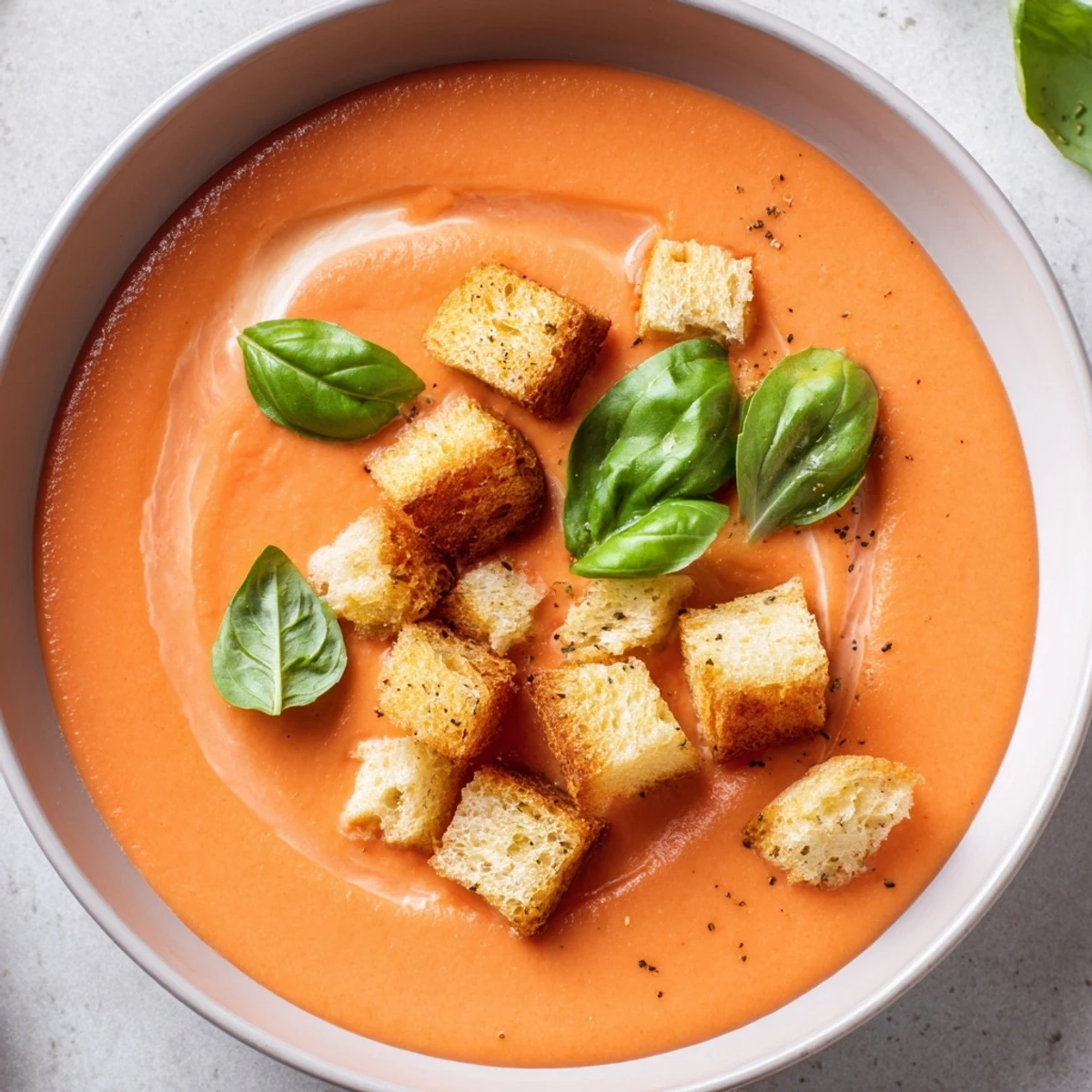 Creamy Tomato Basil Bisque with Croutons served steaming in a rustic bowl, topped with golden, crunchy croutons and fresh basil garnish.