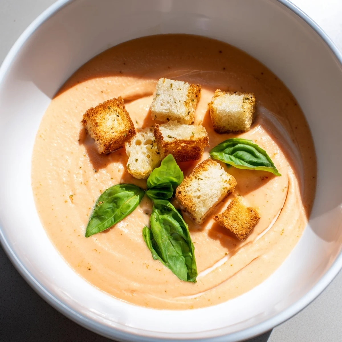 A cozy bowl of Creamy Tomato Basil Bisque with Croutons, perfect for a comforting lunch or elegant starter alongside a glass of wine.
