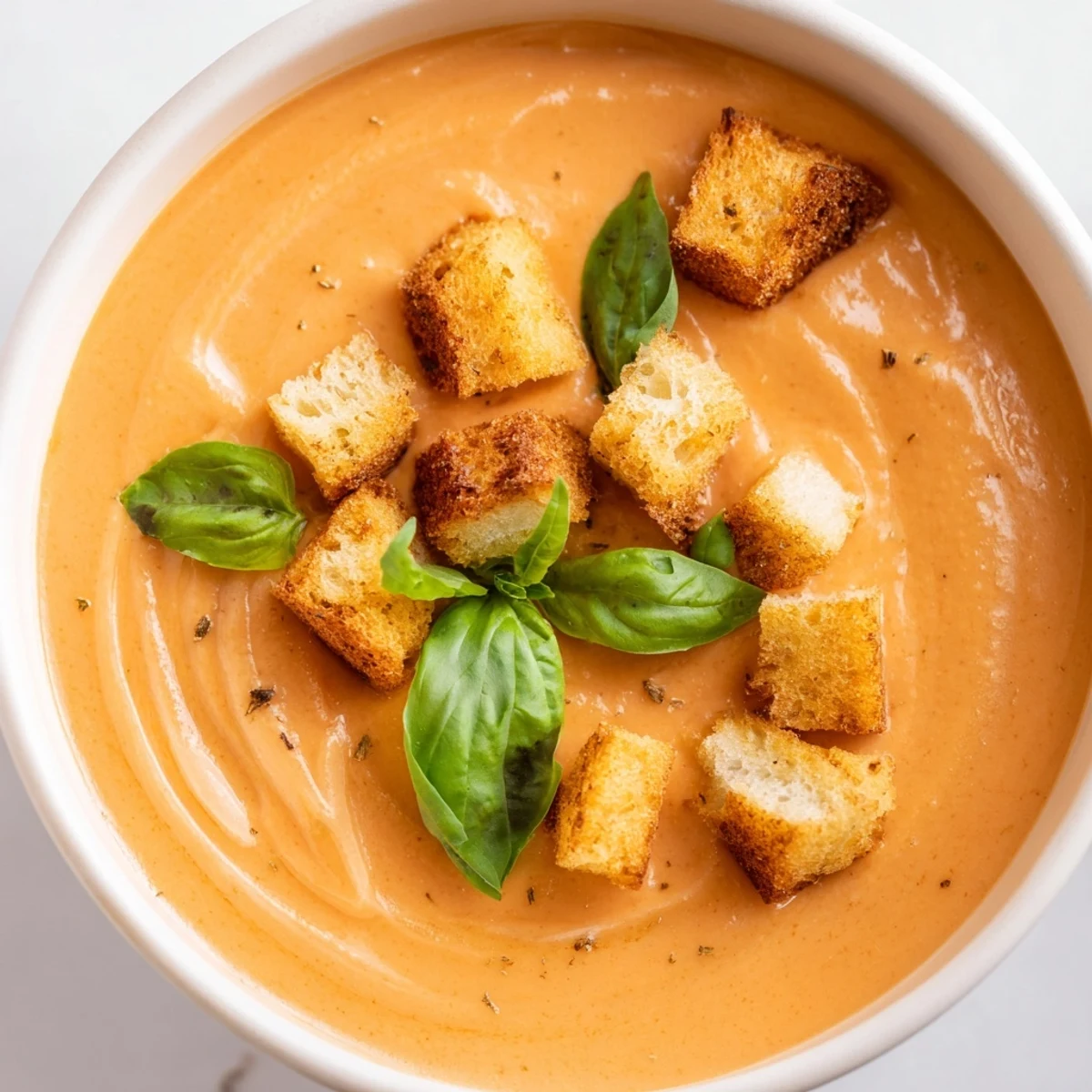 Close-up of Creamy Tomato Basil Bisque with Croutons, a velvety red soup garnished with fresh basil and buttery bread cubes.