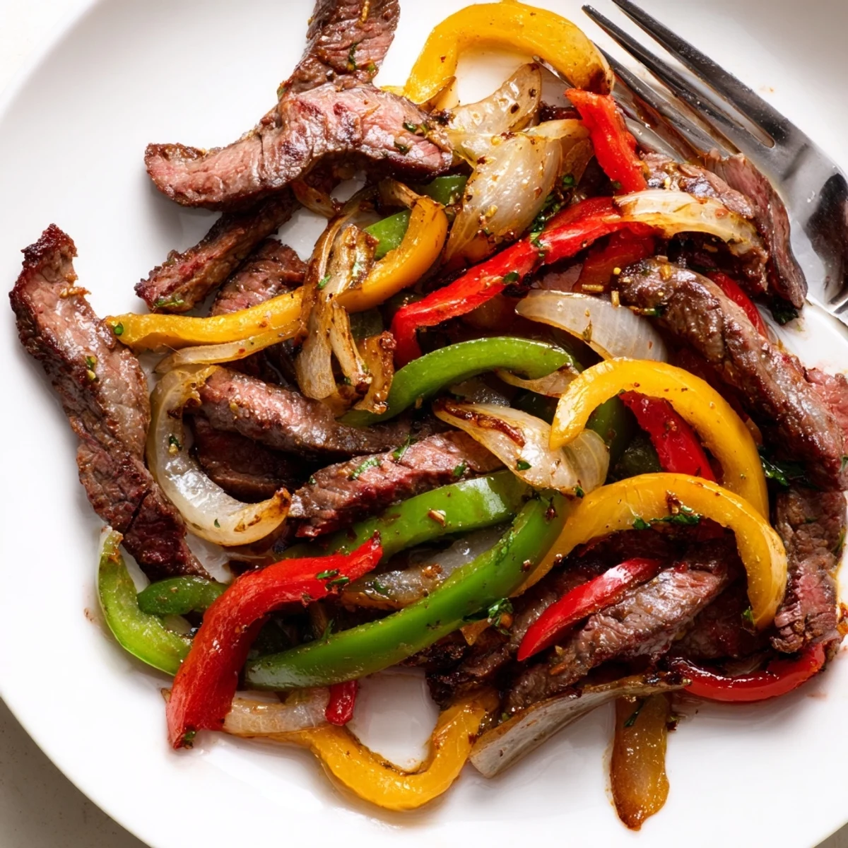 A close-up of sizzling Beef Fajitas with Peppers and Onions, with tender beef strips and colorful vegetables on a hot skillet.