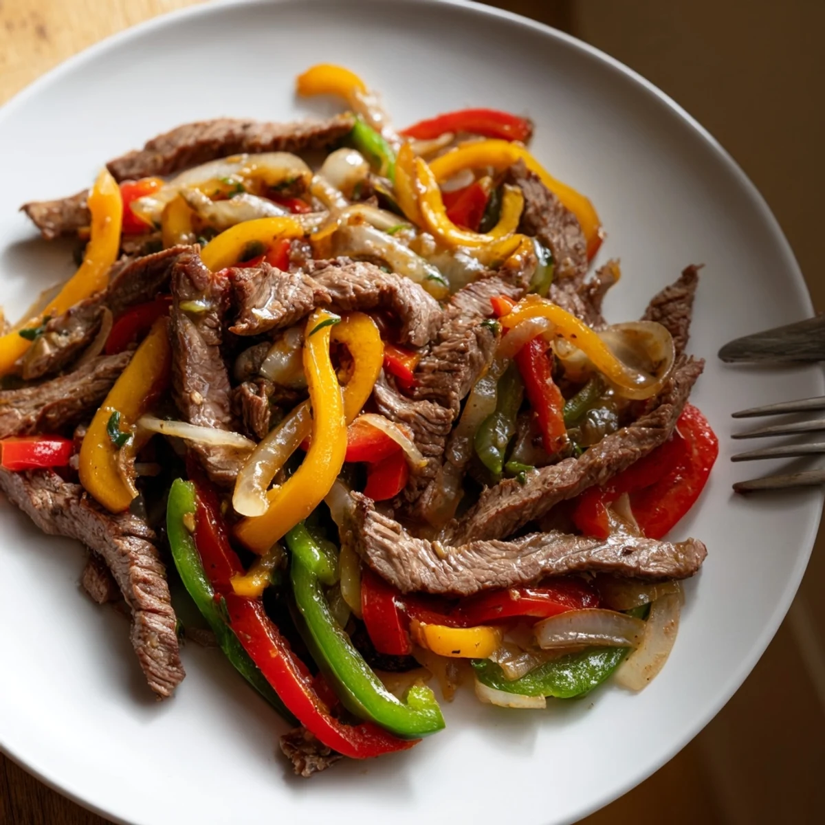 Skillet of Beef Fajitas with Peppers and Onions, featuring marinated beef and sautéed bell peppers, ready to be served.