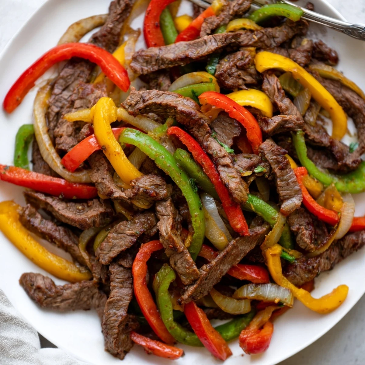 Hearty serving of Beef Fajitas with Peppers and Onions on warm tortillas, garnished with lime wedges and fresh cilantro.
