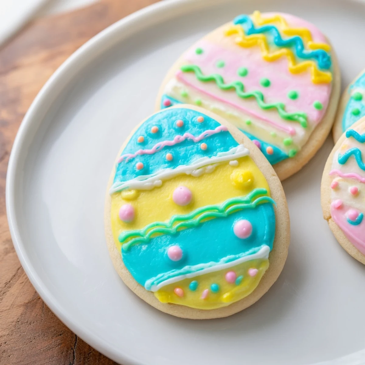 Brightly iced Easter Egg Sugar Cookies with pastel swirls and festive sparkle for springtime celebrations.