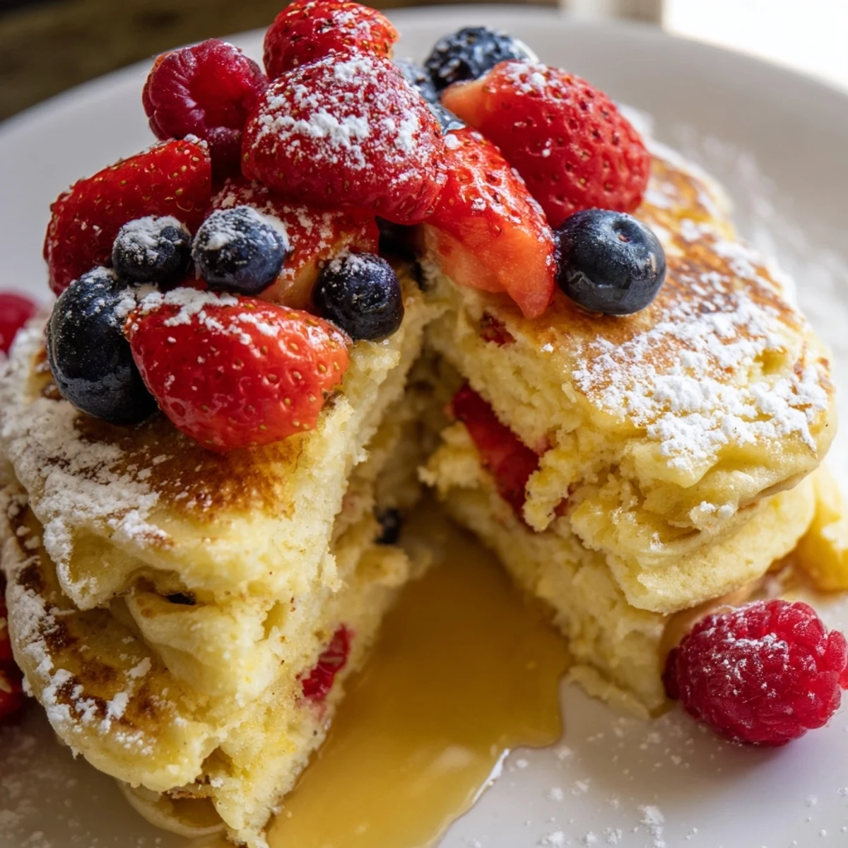 A close-up view shows fluffy Lemon Ricotta Pancakes with Fresh Berries being drizzled with warm maple syrup, alongside fresh-squeezed orange juice for a refreshing brunch.