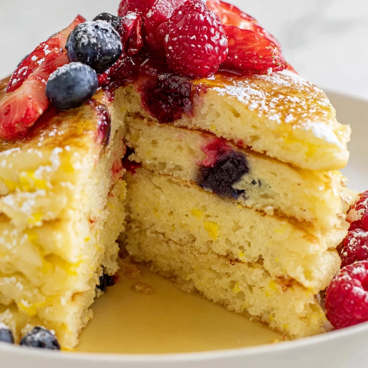Golden-brown Lemon Ricotta Pancakes with Fresh Berries piled high on a plate, topped with a vibrant mix of ripe strawberries, blueberries, and raspberries for a perfect spring breakfast.