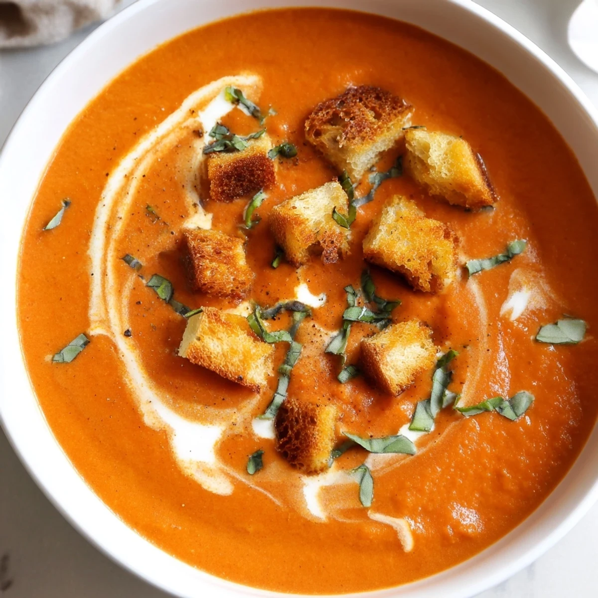 Creamy Tomato Basil Bisque with Croutons served in a rustic bowl with steam rising.