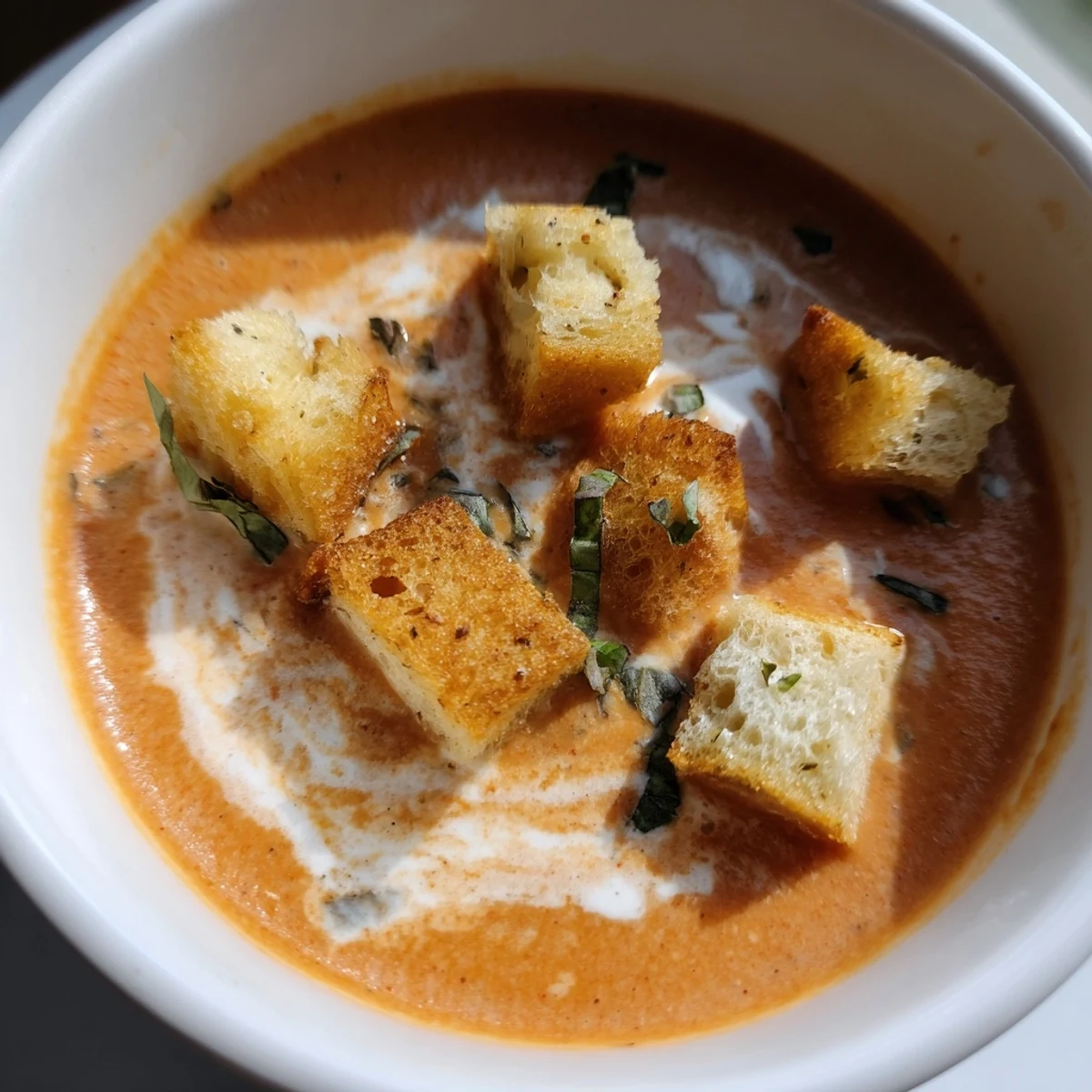 A close up view of Creamy Tomato Basil Bisque with Croutons topped with fresh basil.
