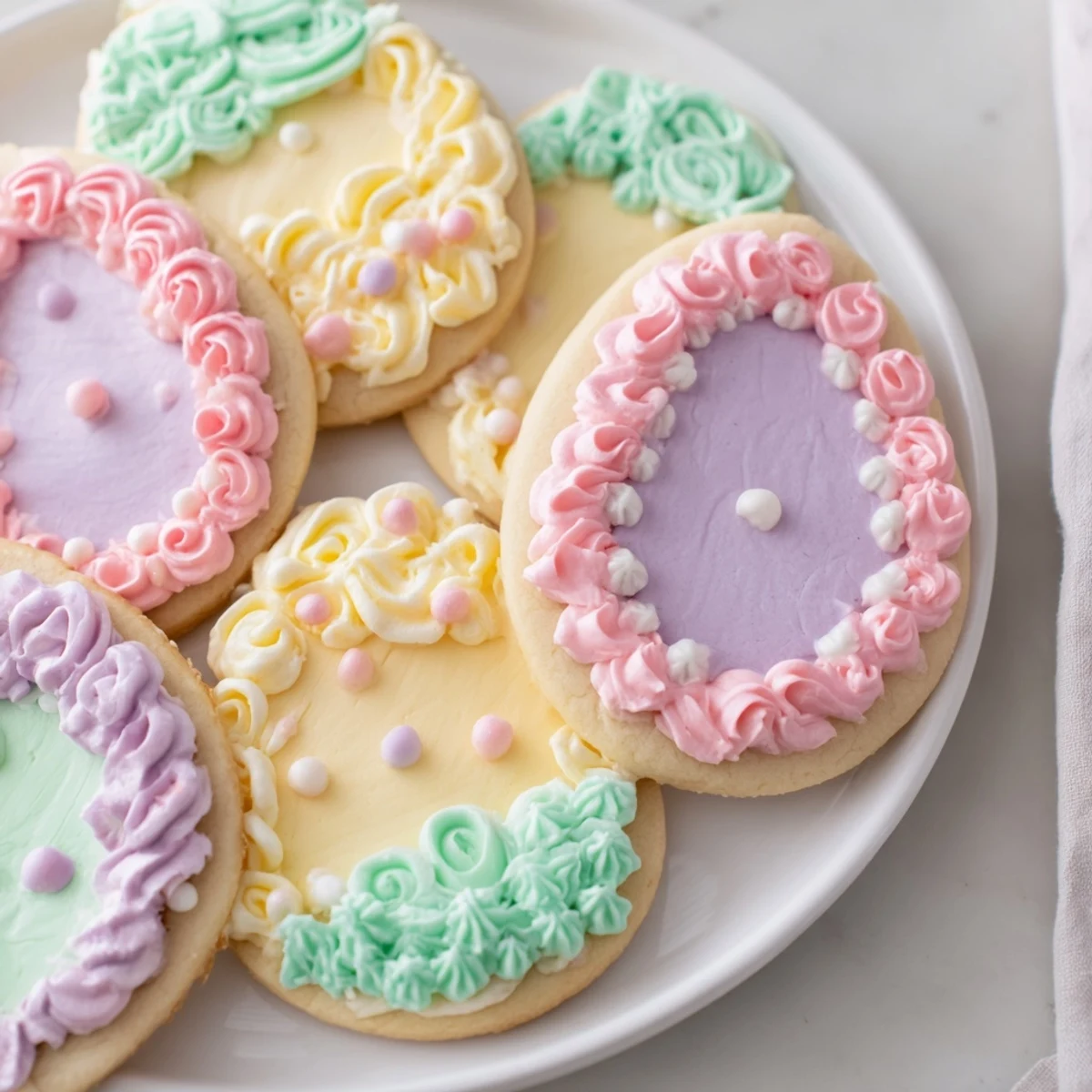 Brightly colored Easter Egg Sugar Cookies with royal icing are displayed on a cooling rack.