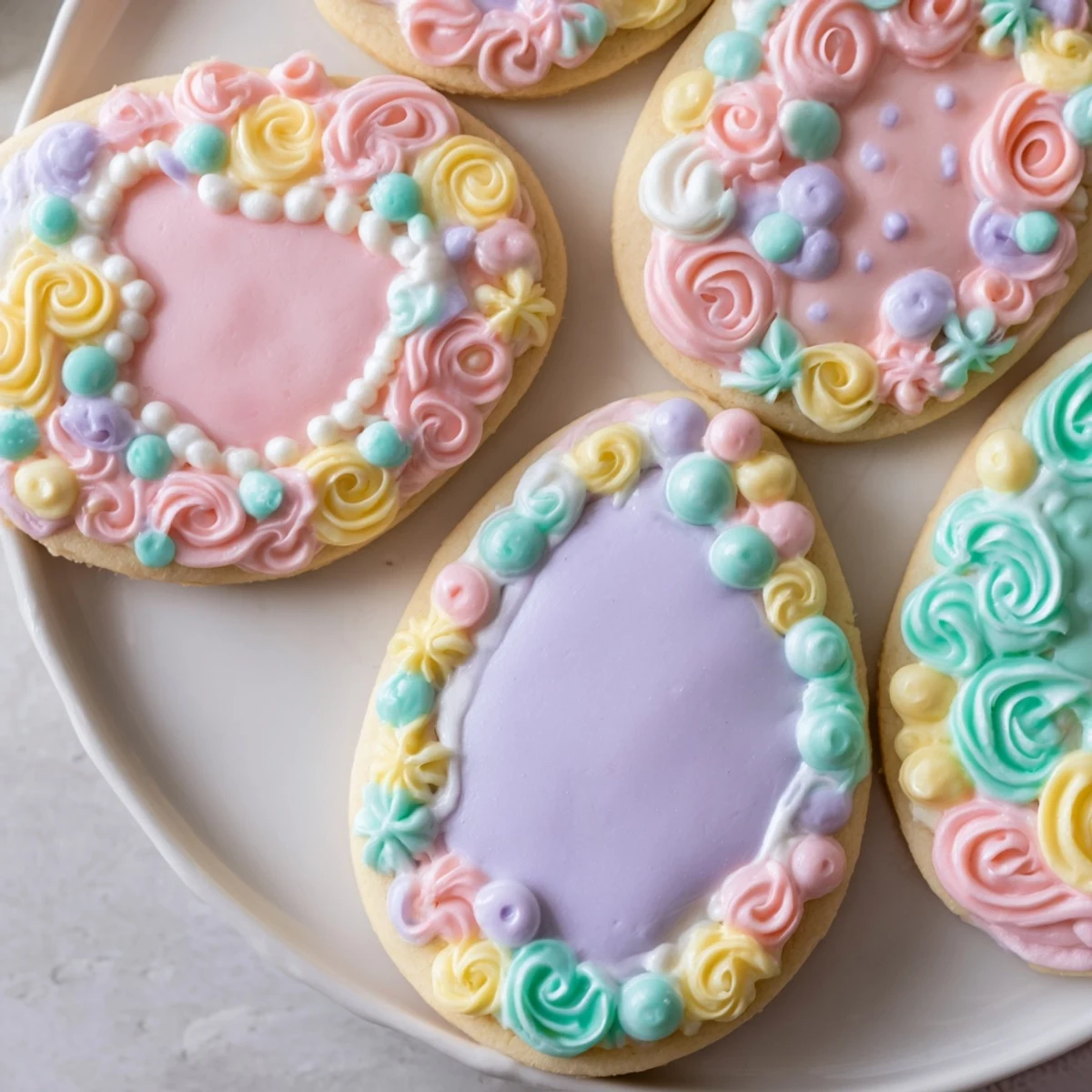 A close-up shows iced Easter Egg Sugar Cookies with pastel decorations on a marble countertop.