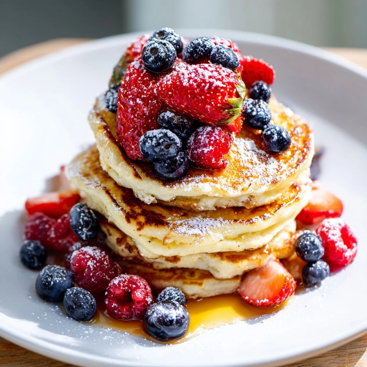 Golden-brown Lemon Ricotta Pancakes with Berries stacked on a plate, topped with fresh strawberries and blueberries, ready for breakfast.