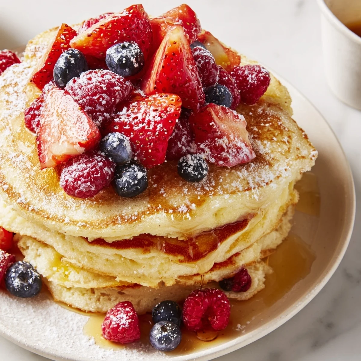 These fluffy Lemon Ricotta Pancakes with Berries feature a dusting of powdered sugar and a side of maple syrup.