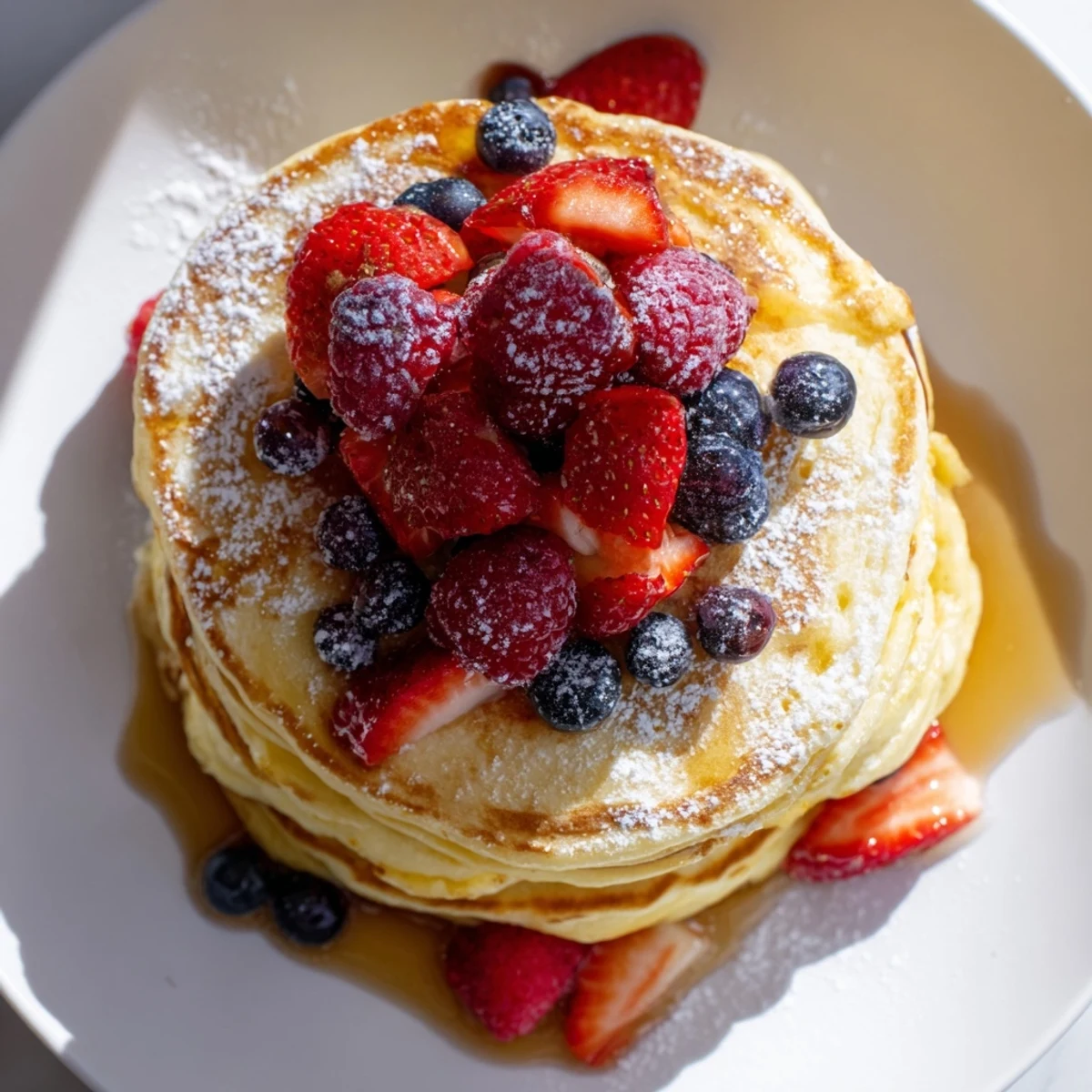 Close-up of Lemon Ricotta Pancakes with Berries showing a soft texture and vibrant mixed berry compote, perfect for brunch.