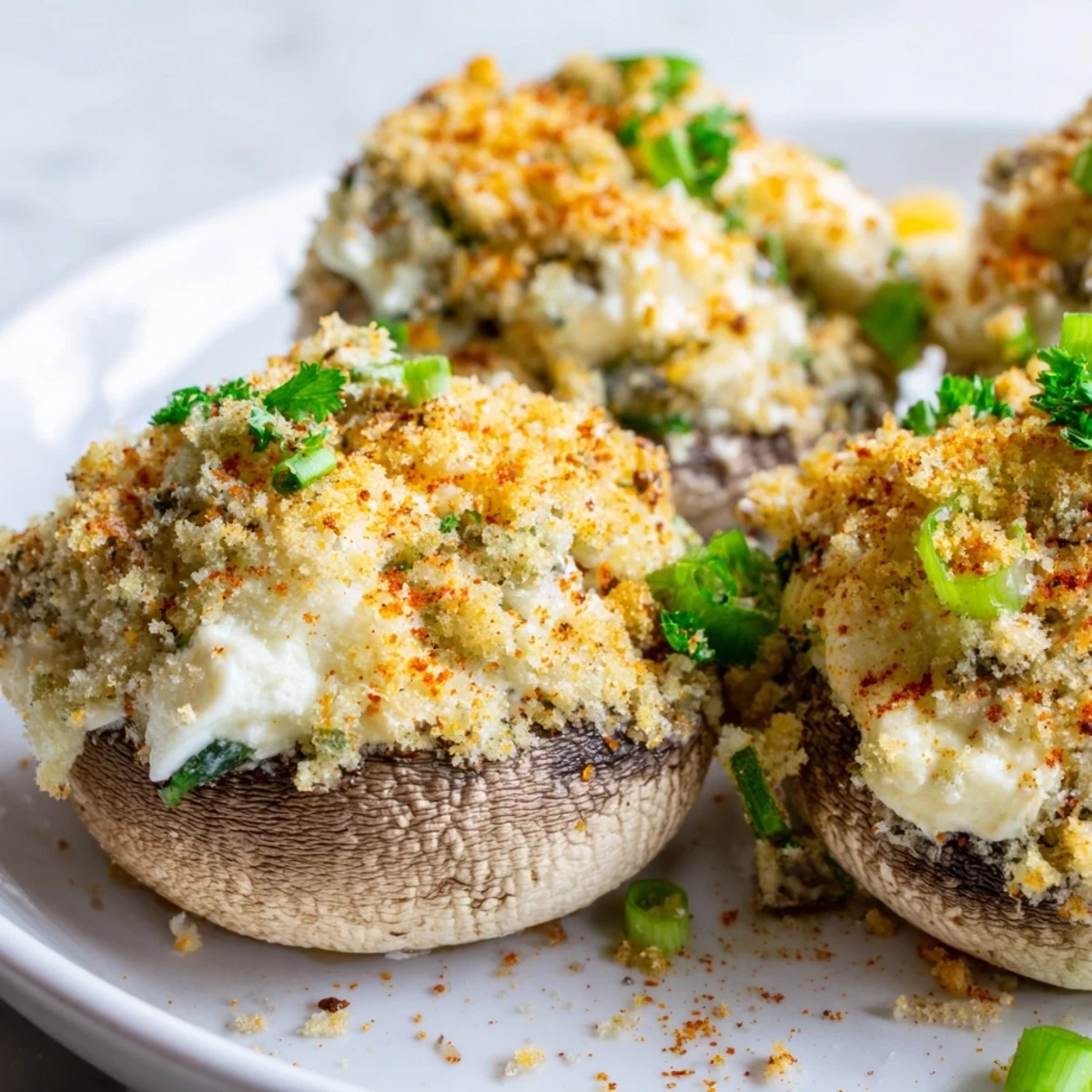 Golden-brown Mozzarella Popper Stuffed Mushrooms with melted cheese and parsley garnish on a baking sheet.