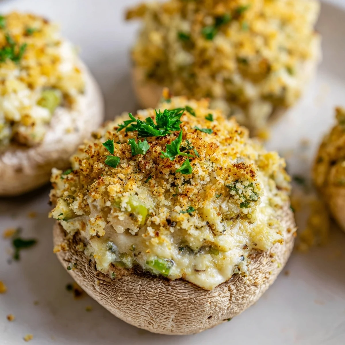 A close-up of Mozzarella Popper Stuffed Mushrooms showing creamy filling and crispy breadcrumb topping.