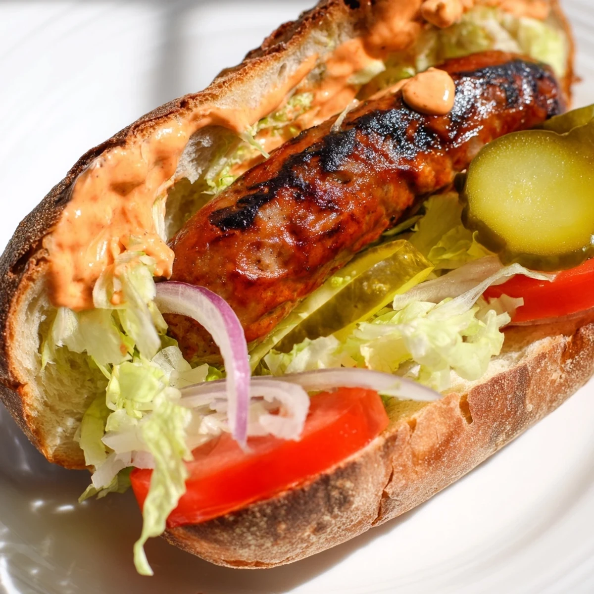 A close-up of a Grilled Cajun Beef Sausage Po Boy Sandwich oozing creamy remoulade sauce on a plate.