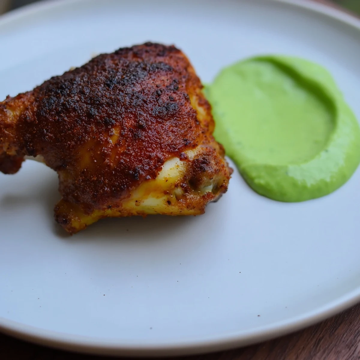 A beautifully roasted whole Peruvian Roast Chicken with Creamy Green Sauce rests beside a vibrant bowl of herby sauce.