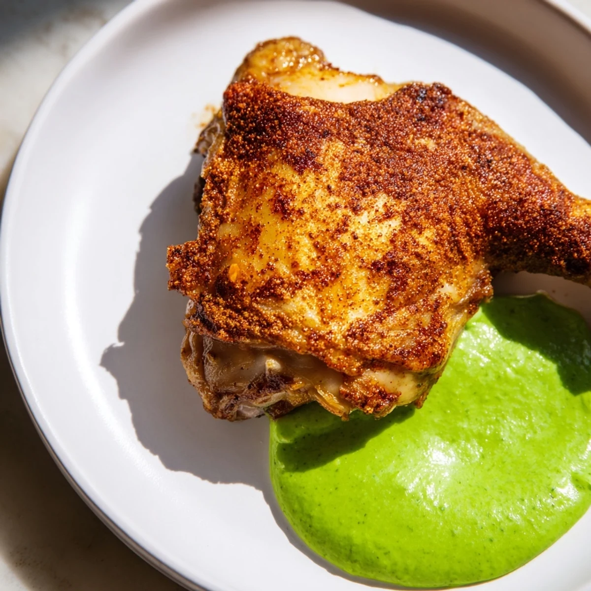 Succulent Peruvian Roast Chicken with Creamy Green Sauce on a rustic platter, garnished with cilantro and ready to enjoy.