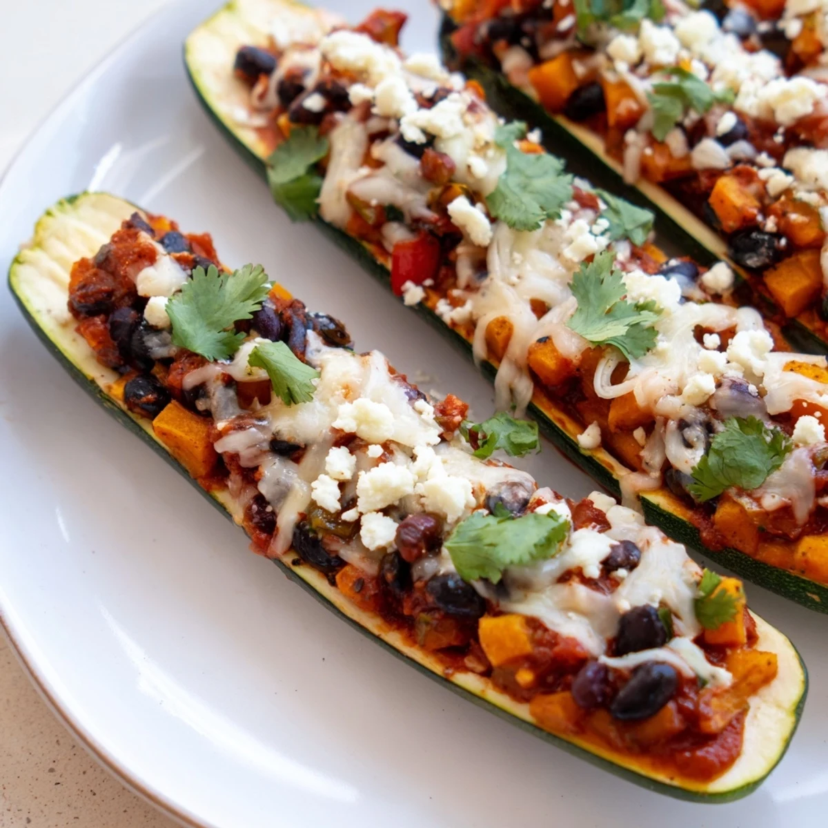 Close-up of Black Bean and Butternut Squash Enchilada Boats on a rustic plate, showing melted cheese and fresh cilantro garnish.