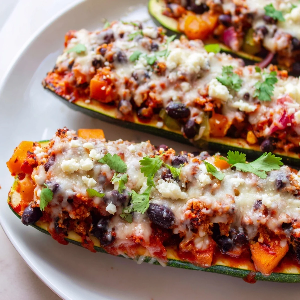 A serving of Black Bean and Butternut Squash Enchilada Boats garnished with avocado slices and lime wedges on a white plate.