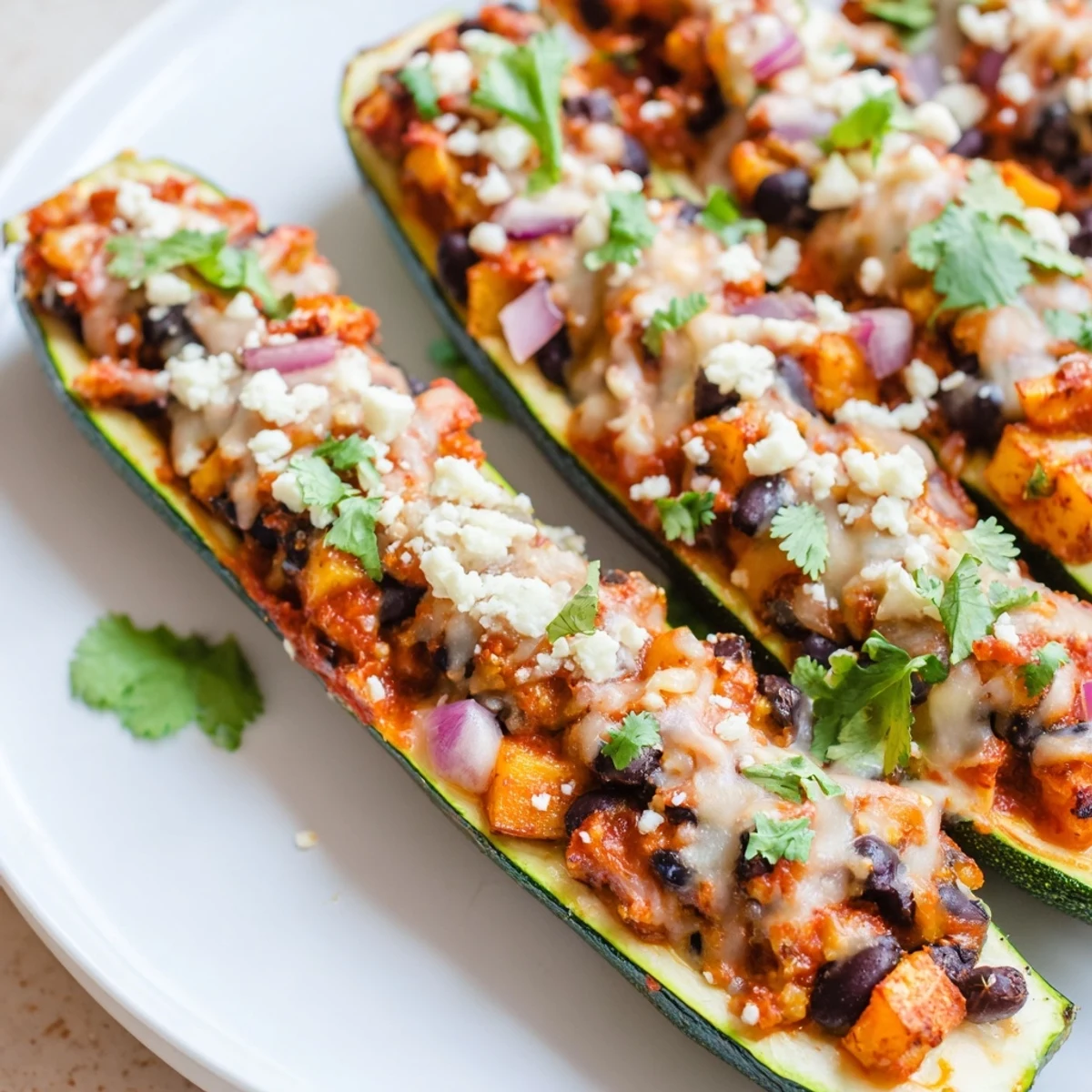 Freshly baked Black Bean and Butternut Squash Enchilada Boats inside zucchini boats with red enchilada sauce and queso fresco.